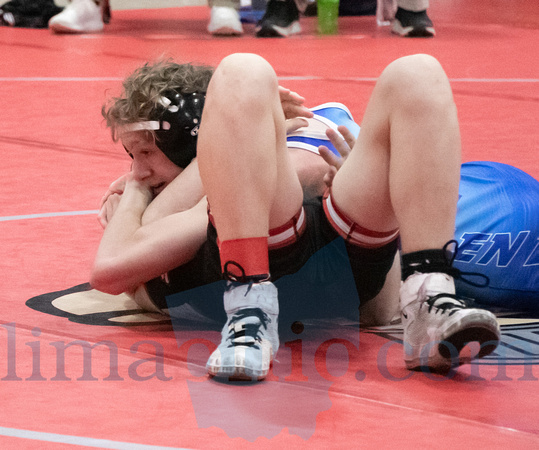 Allen East's Aizik Myers (Top) pins his opponent, Preble Shawnee